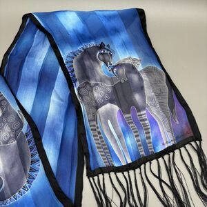 Vintage Laurel Burch Silk Scarf Horses Blue Indigo Black Fringe Striped 52x10"